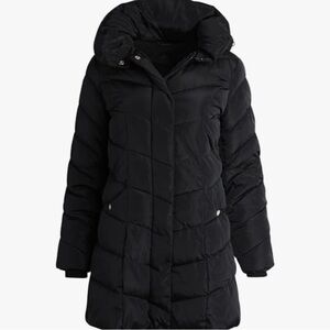 Steve Madden Black Long Quilted Puffer Jacket with Hood